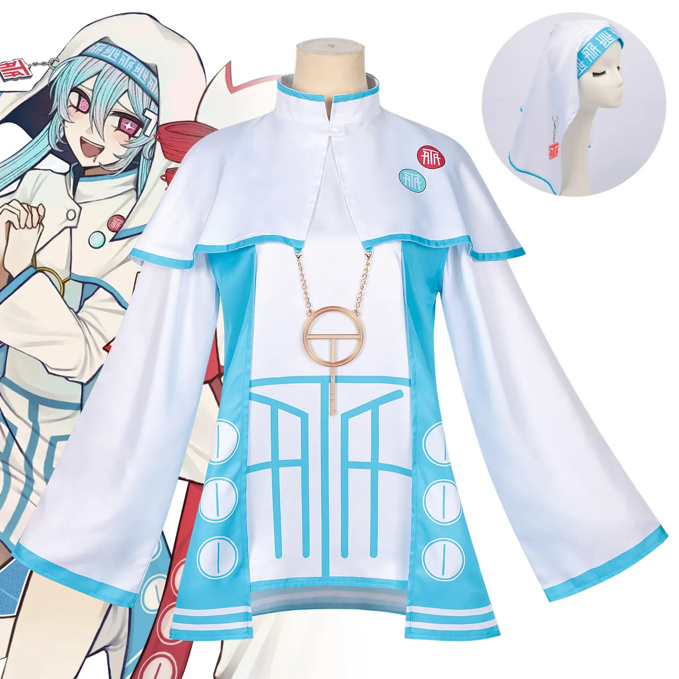 Japanese anime cosplay full set featuring a blue dress in the Hatsune blue color option.