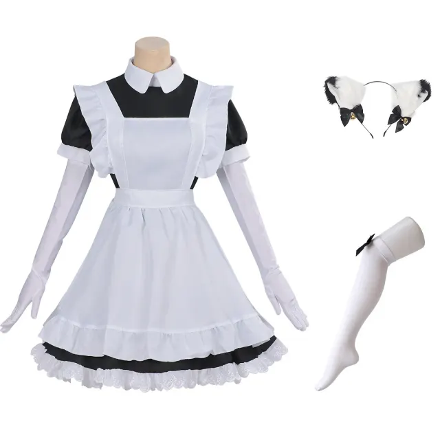 A black-and-white Japanese-style cat maid cosplay dress for women.