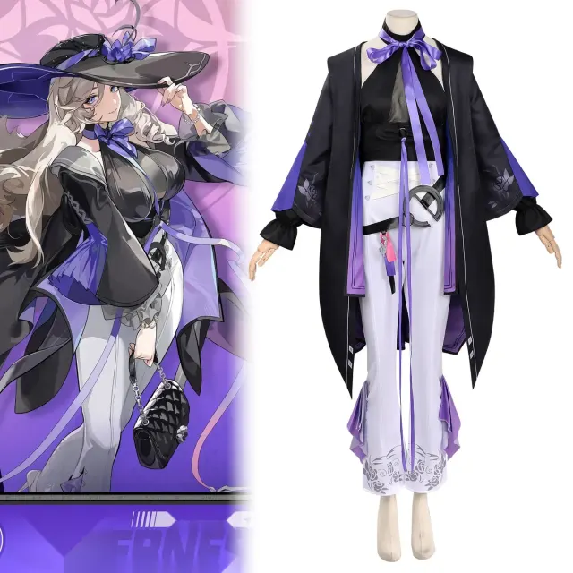 The Jiuyuan anime game character cosplay costume shown with striped fabric and three-quarter sleeves.