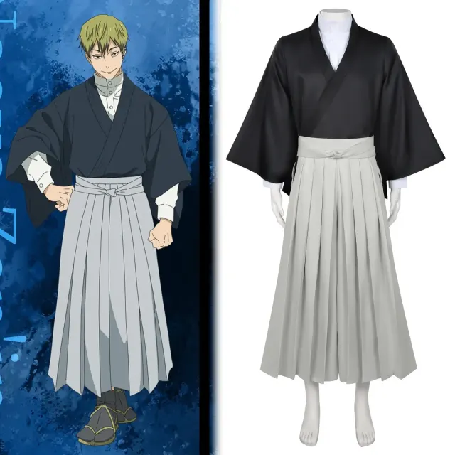 Main image shows the Jujutsu Kaisen Naoya Zenin cosplay kimono set with a printed long-sleeve jacket top and long pants.