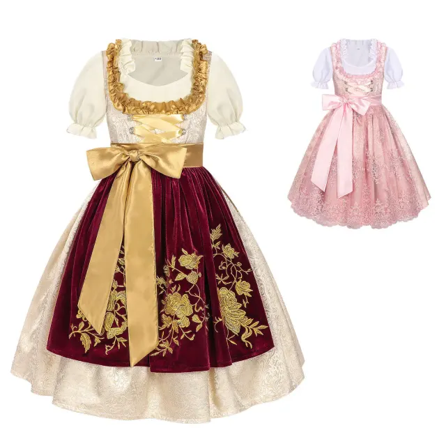 A kids Bavarian Dirndl-style Oktoberfest costume dress with a colorblock pattern.