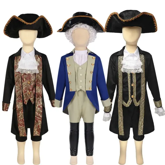 Children's Caribbean pirate and president role-play costume sets shown for carnival games and stage performances.