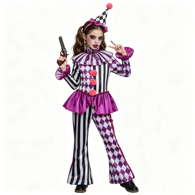 Kids Halloween circus clown costume in polyester, designed for cosplay and stage performances.