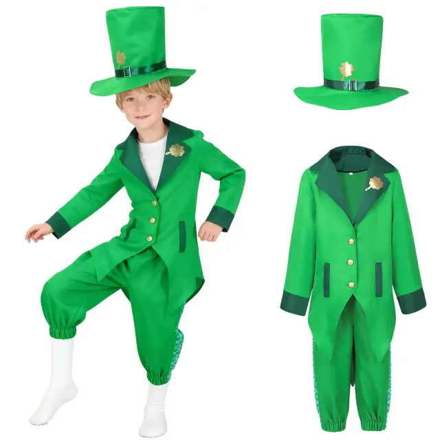 Child wearing a green Irish elf costume set with shamrock decorations, a sleeveless jacket-style top, and long pants for a holiday party.