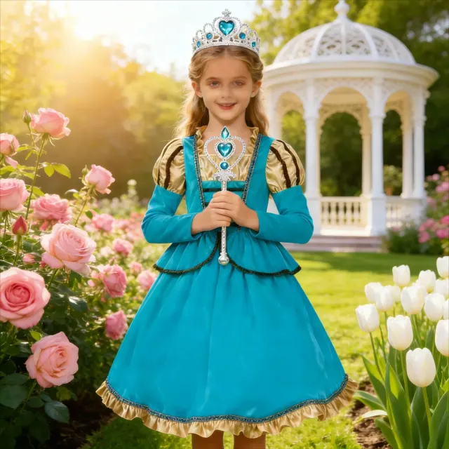 A child wearing a medieval princess cosplay dress styled for Halloween or a birthday party.