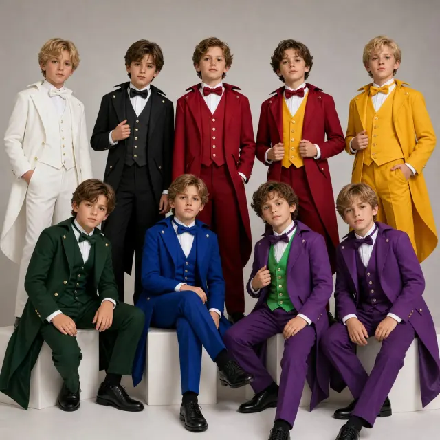 A child wearing a printed medieval Renaissance-inspired tailcoat costume with a matching bow tie.