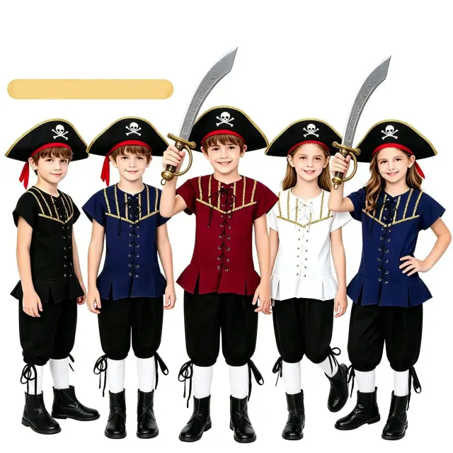 Black kids' pirate captain cosplay costume set displayed for Halloween, carnival, and stage use.