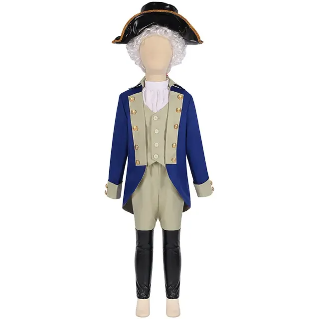 Child wearing a medieval pirate captain costume for Halloween cosplay and stage performance.