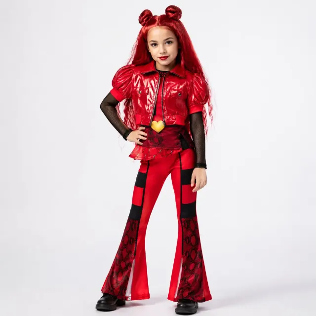 Child wearing a red Queen of Hearts kids cosplay costume for Halloween or stage performance.