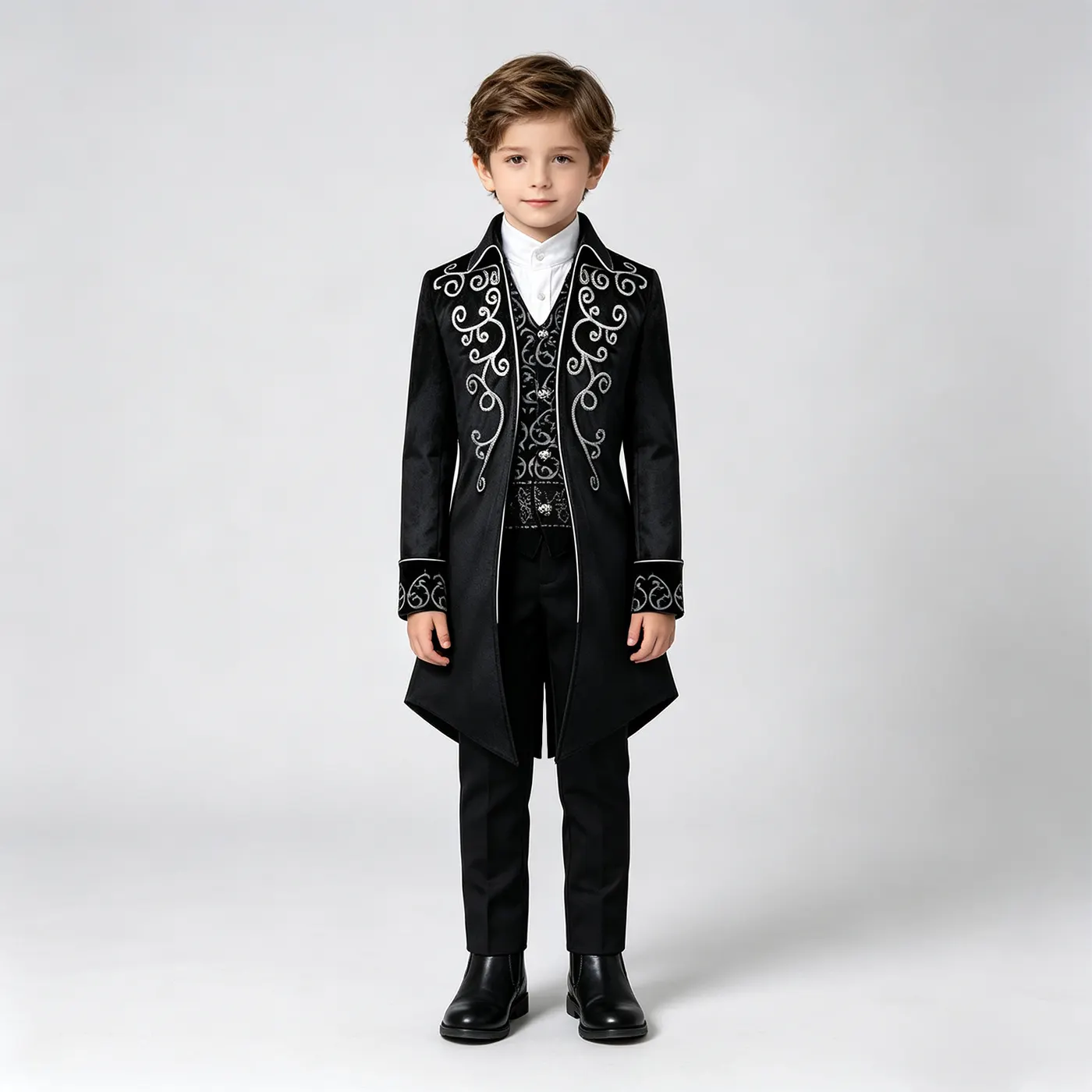 Kids' Renaissance Silver-Trim Tailcoat Cosplay Costume detail 2
