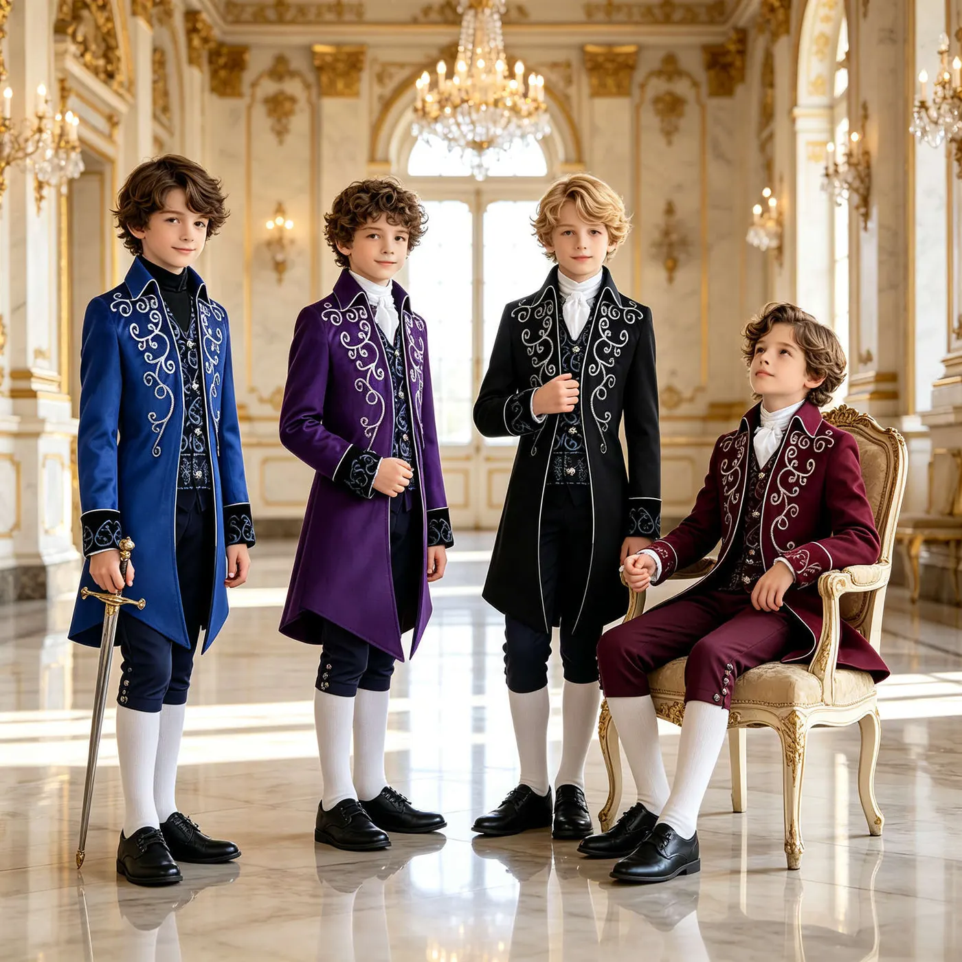 A child wears a black Renaissance-style tailcoat with silver trim, shown as a Halloween and stage cosplay costume.