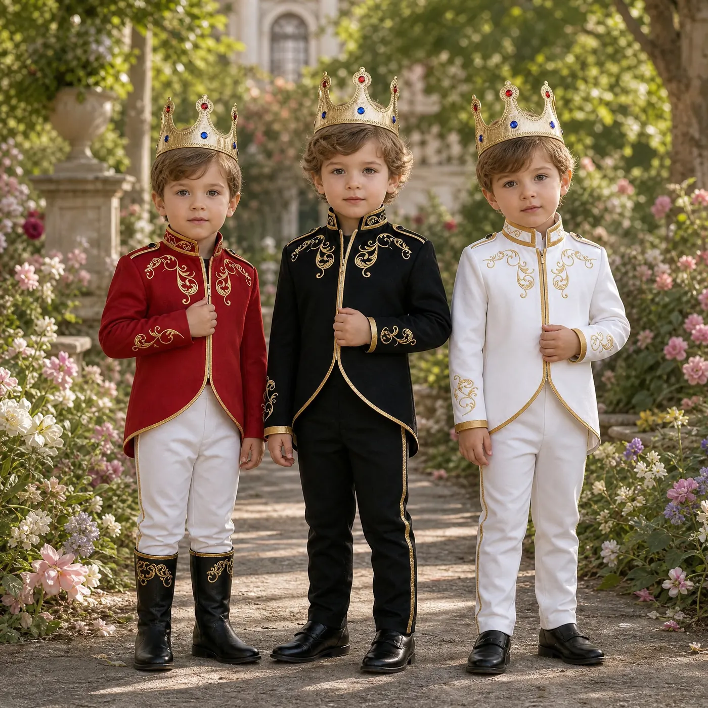 Child modeling a vintage European court costume set with a printed sleeveless top and long pants.