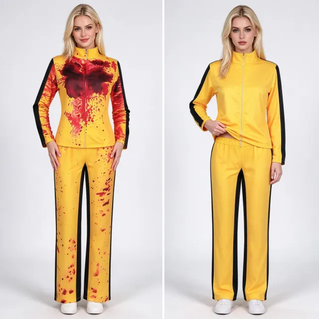 Yellow stand-collar zip tracksuit with slightly flared pants styled as a Kill Bill Bride-inspired cosplay costume.