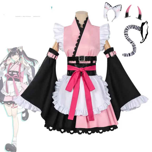 Pink and black Lolita-style maid cosplay outfit for Komazawa Noi with animal ears, horn accents, and a plush tail.
