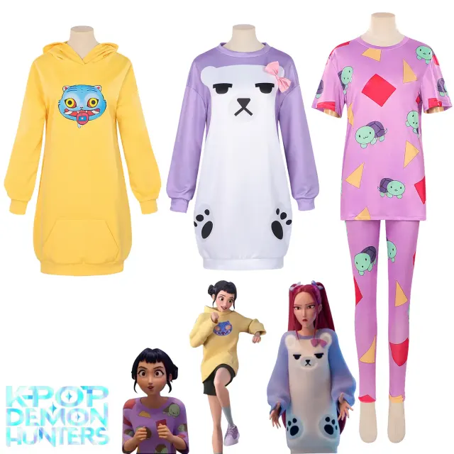 K-pop Demon Hunters cosplay pajama costume with Rumi, Zoey, and Mira character styles in a full performance outfit.