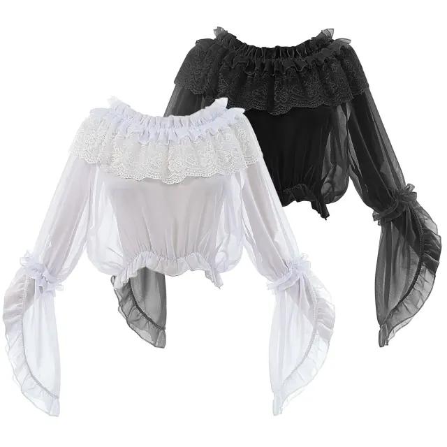 White Lolita long-sleeve off-shoulder inner top with a slim fit and princess sleeves.