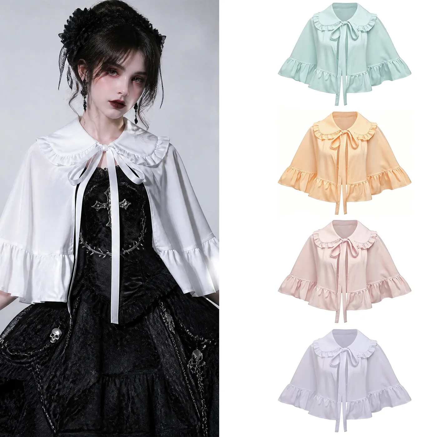 White Lolita capelet with a bow, doll collar, and ruffled trim, shown as a French vintage women's outer layer.