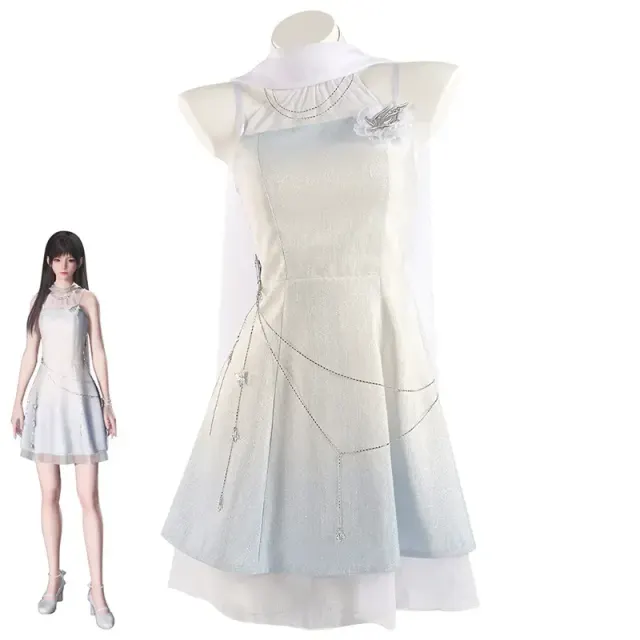 The Love and Deepspace main character cosplay short dress is shown with a cinched waist and fresh game-inspired styling.