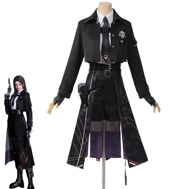 A woman modeling a Nightbreaker Shadow battle suit cosplay costume from Love and Deepspace with a fashion-forward anime game look.