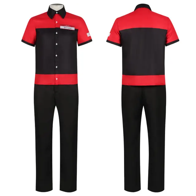 Manny Burger Shop staff cosplay uniform set with a top, chest badge, and pants for game-inspired role play.