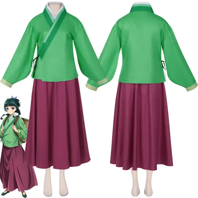 Main image shows a Maomao hanfu cosplay costume from The Apothecary Diaries in a Chinese-inspired anime style.