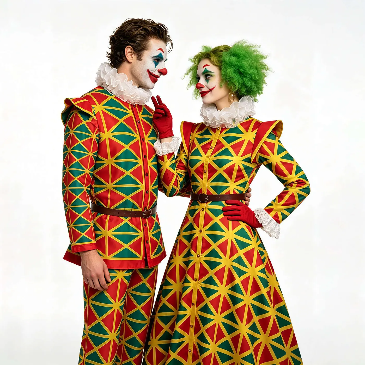 Medieval-style circus clown couples costume shown in women's and men's versions with long sleeves and a character pattern.