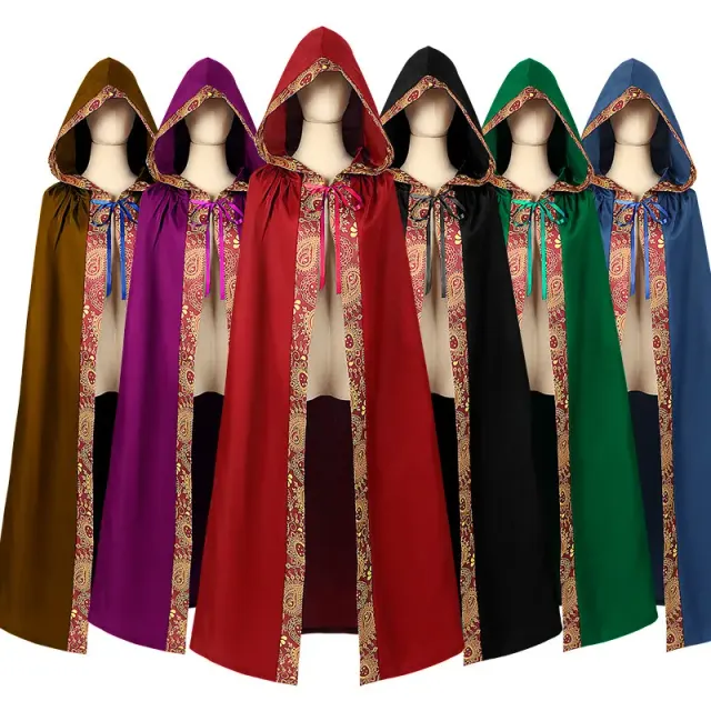 Long blue medieval clergy-style cloak with a robe cape silhouette, designed for Halloween and cosplay.