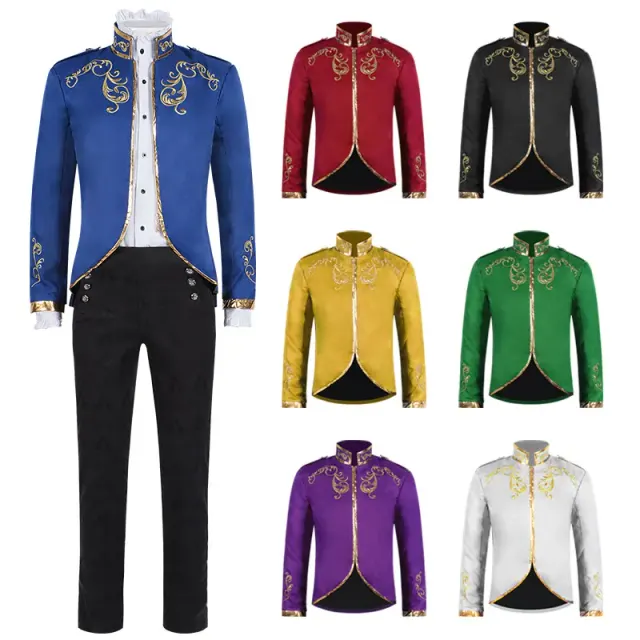 Men's medieval court embroidered prince suit set with a stand-collar jacket and trousers.