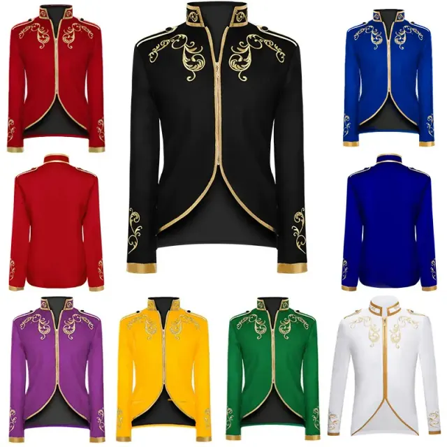 A short medieval court prince jacket with gold embroidery and a stand collar, designed for cosplay and stage performances.