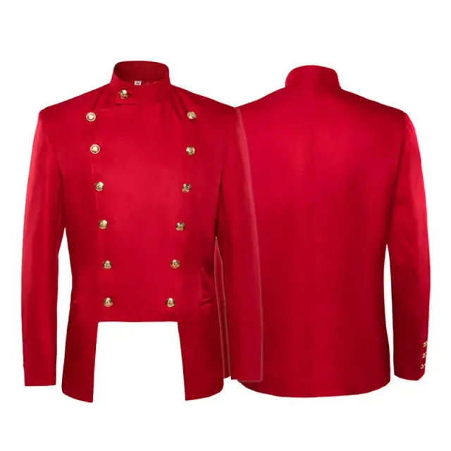 Red stand-collar double-breasted court prince jacket displayed as a medieval stage costume.