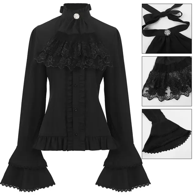 Medieval French court cosplay shirt with a stand collar, lace trim, ruffled front, and flared sleeves.