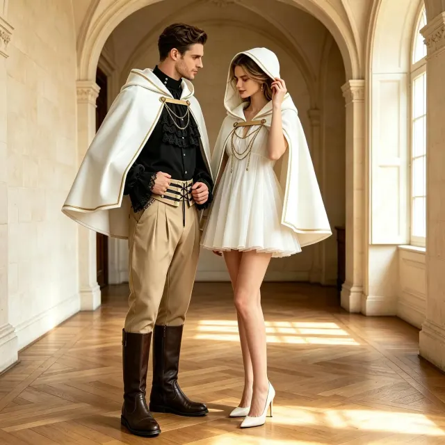 A unisex short hooded cape with gold trim, designed for medieval Halloween and cosplay costumes.