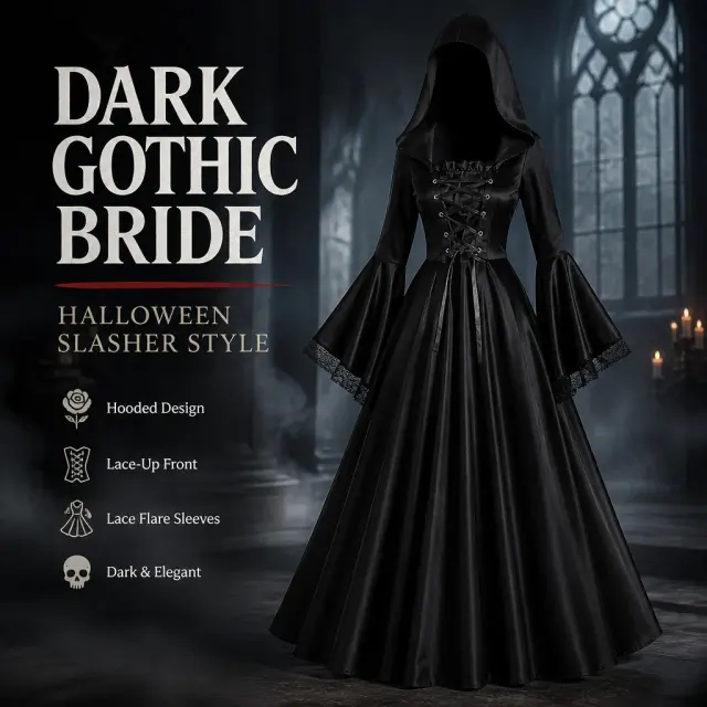 Medieval Gothic Hooded Witch Dress Cosplay Costume detail 1