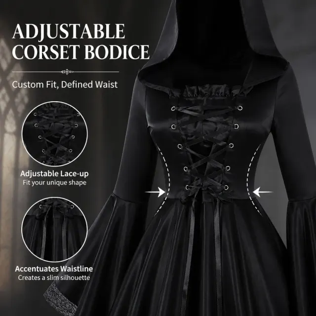 Medieval Gothic Hooded Witch Dress Cosplay Costume detail 2