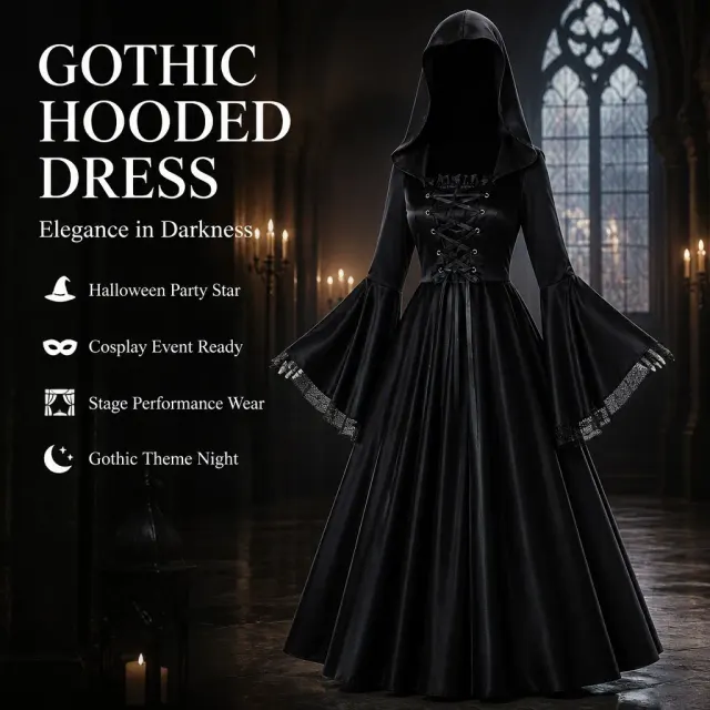 Medieval Gothic Hooded Witch Dress Cosplay Costume detail 3