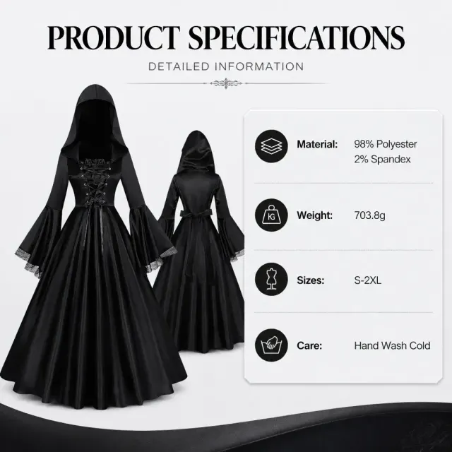 Medieval Gothic Hooded Witch Dress Cosplay Costume detail 5