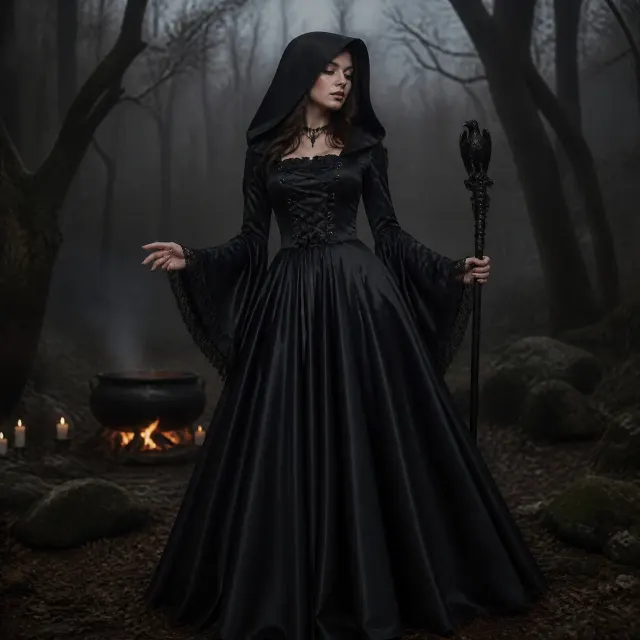 Medieval Gothic hooded long dress for Halloween witch cosplay and stage performance.
