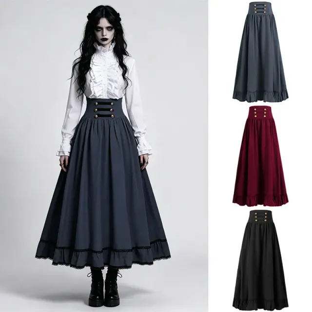 Black medieval Gothic skirt with a lace-up waist, ruffled trim, and full sweeping hem.