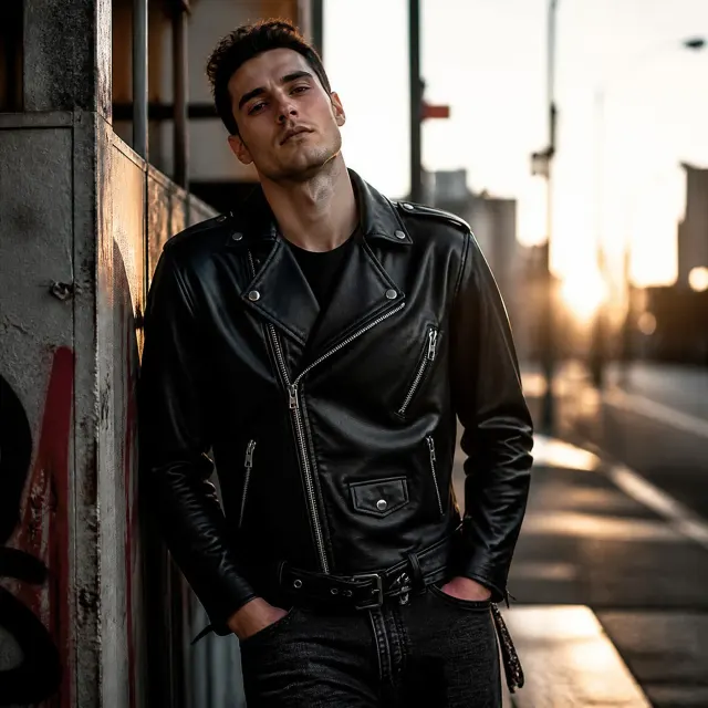 Black PU leather medieval Gothic punk motorcycle jacket for unisex stage costume wear.
