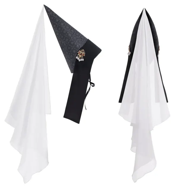 A medieval Henin hat with a veil for women's Renaissance, Halloween, and cosplay costumes.