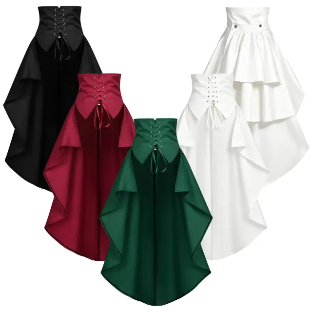 Medieval high-waisted pirate ruffle skirt with an asymmetrical hem, shown in red for cosplay and stage wear.
