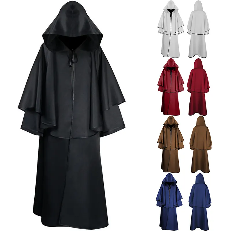 A long unisex hooded cloak robe in a medieval gothic style for Halloween, cosplay, and stage performances.