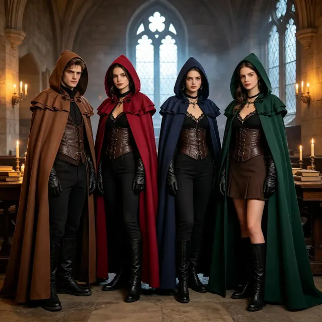 A unisex long hooded medieval knight cape shown in brown for Halloween, cosplay, and stage performances.