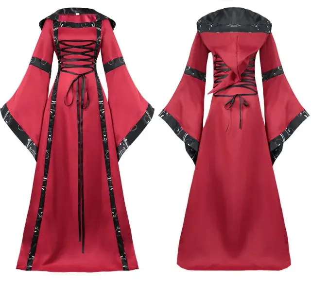 Mittelalterliches Kapuzen-Cosplay-Kleid mit Schnürung und Glockenärmeln Detail 1