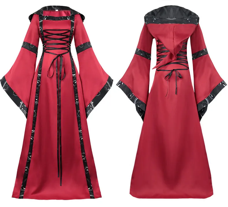 Medieval Hooded Lace-Up Cosplay Dress with Bell Sleeves detail 1