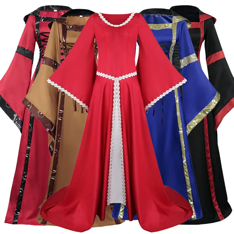 Brown medieval-style hooded dress with a square neckline, lace-up front, and bell sleeves for theatrical costume wear.
