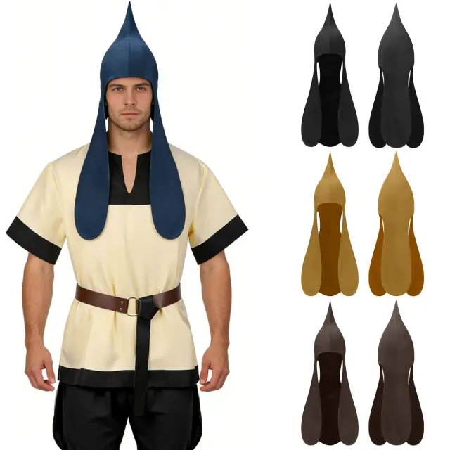 A blue medieval-style men's hooded turban hat with ear flaps, designed as a cosplay and costume headpiece.
