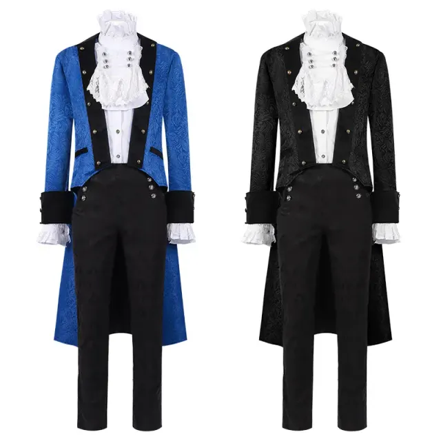 Unisex medieval-inspired jacquard costume with a long robe coat, prince shirt, and jacquard pants for stage performances.