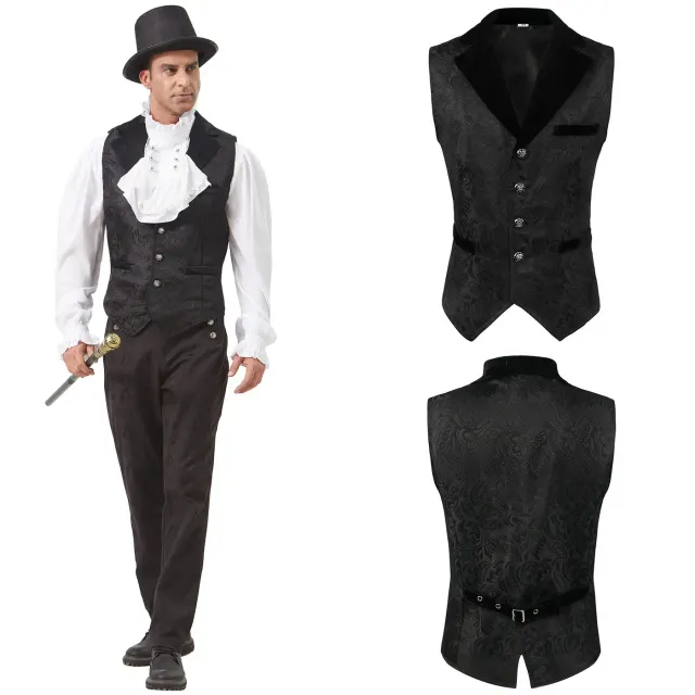 Black medieval-style jacquard vest with contrast-color detailing for theater and stage costumes.