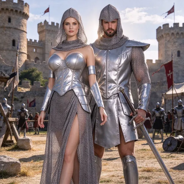 A medieval knight chainmail cosplay set shown as a Halloween warrior stage costume.